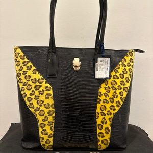 Roberto Cavalli Class Black Leather Tote Tejus Print